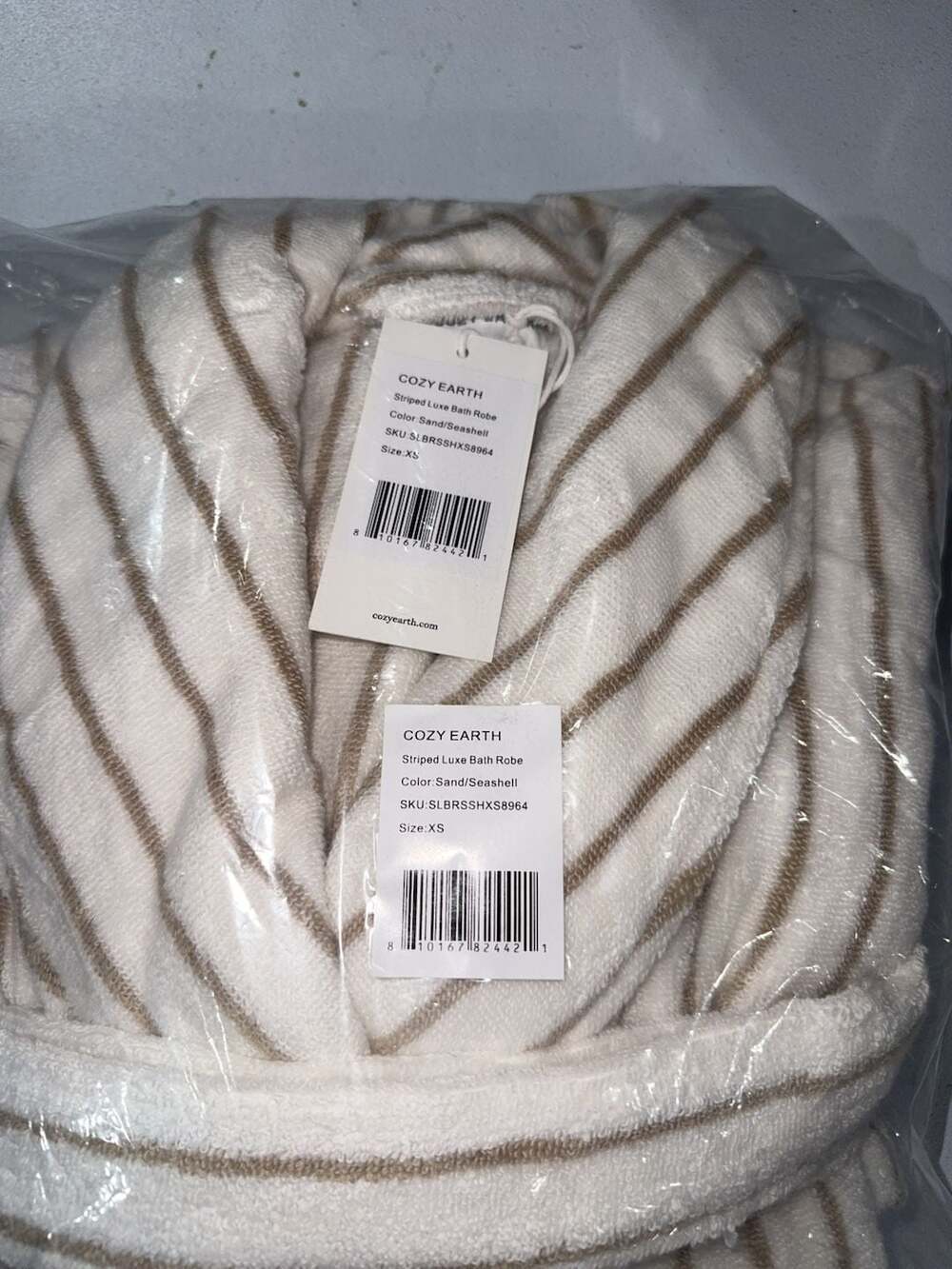 Cozy Earth Striped Luxe Bath Robe Sand/Seashell Size XS - Picture 4 of 4